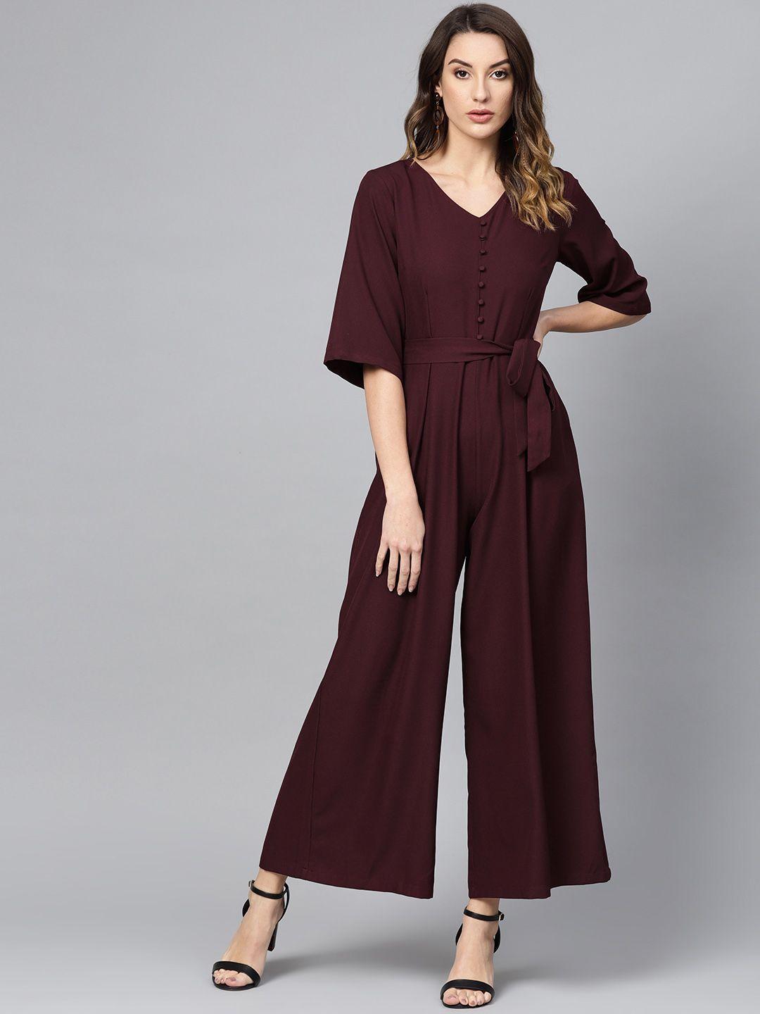 femella women burgundy solid basic jumpsuit