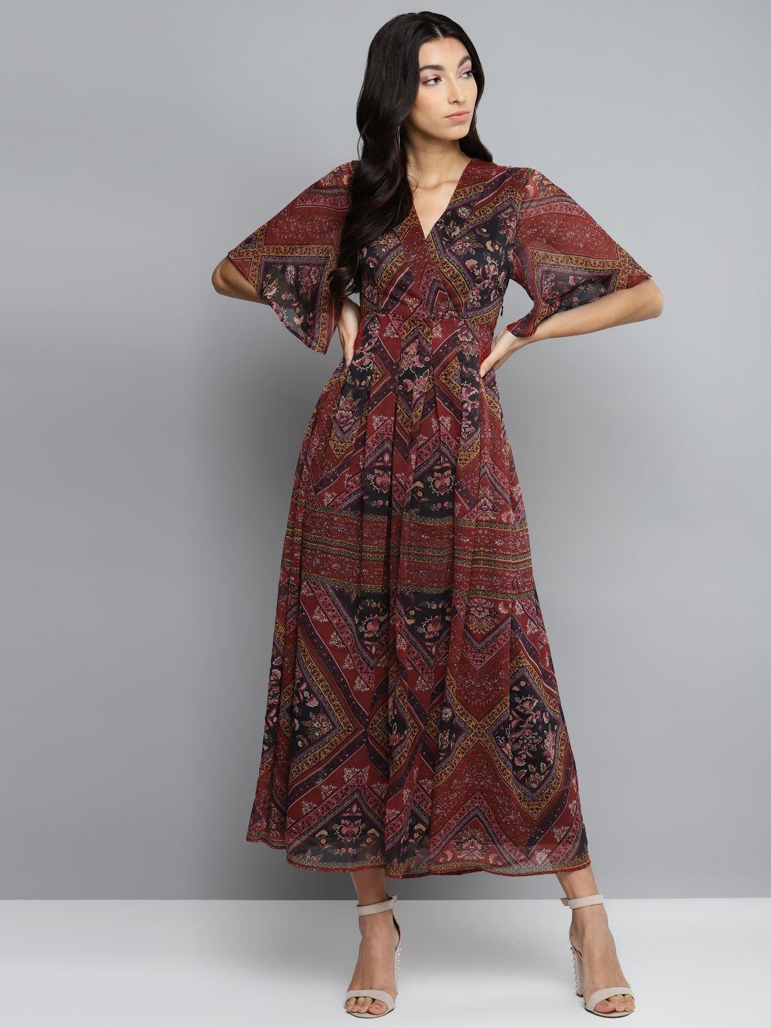 femella women maroon & black printed maxi dress