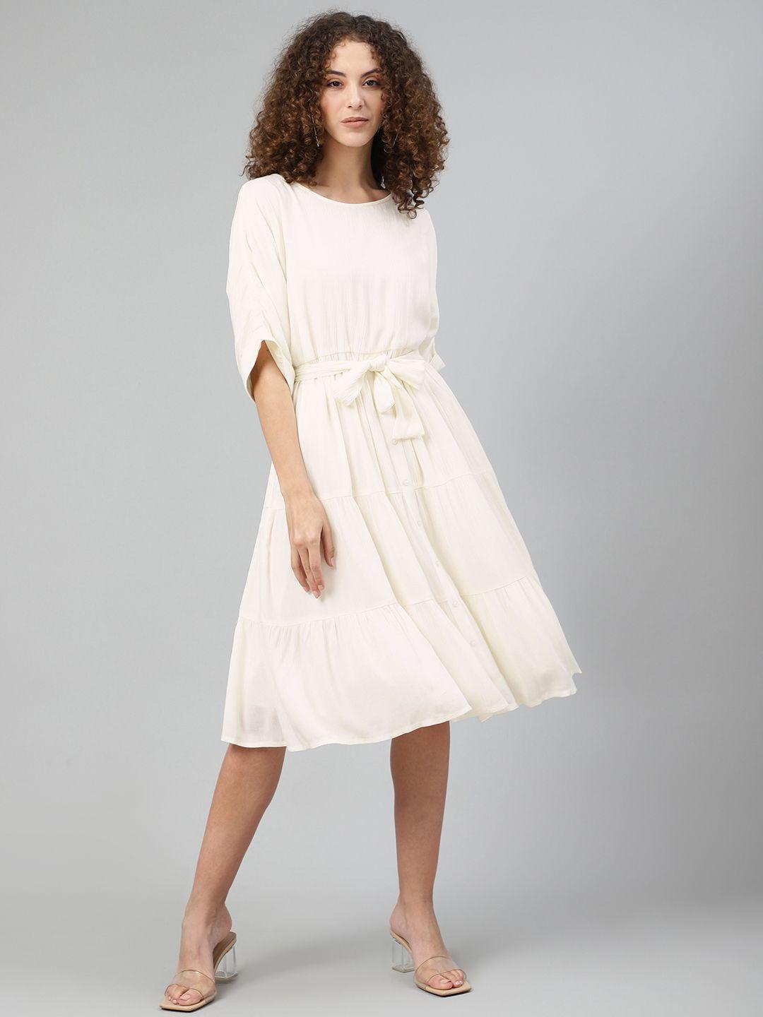 femella women off-white tiered solid a-line dress