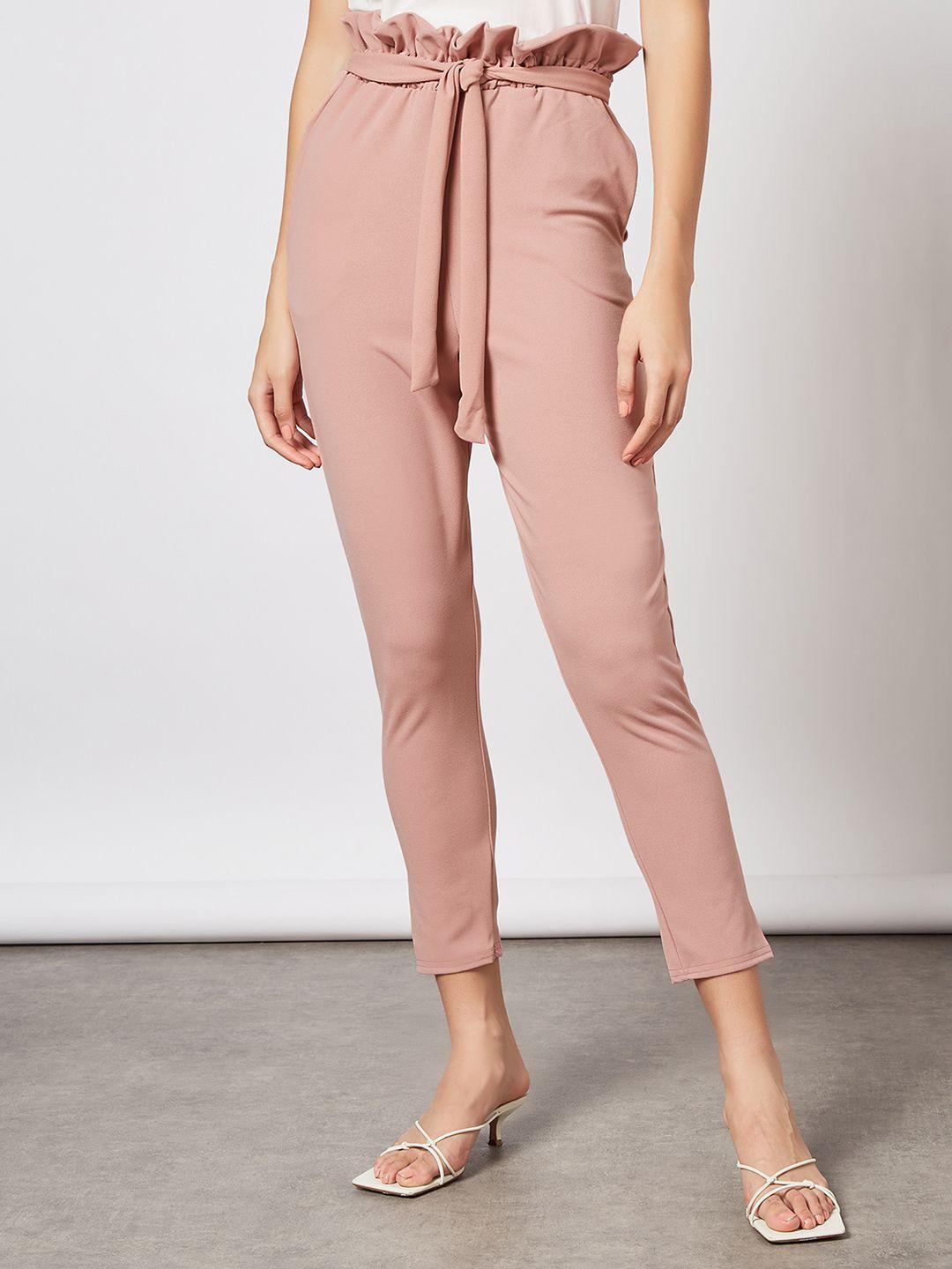 femme luxe women dusty pink solid skinny fit pleated trousers