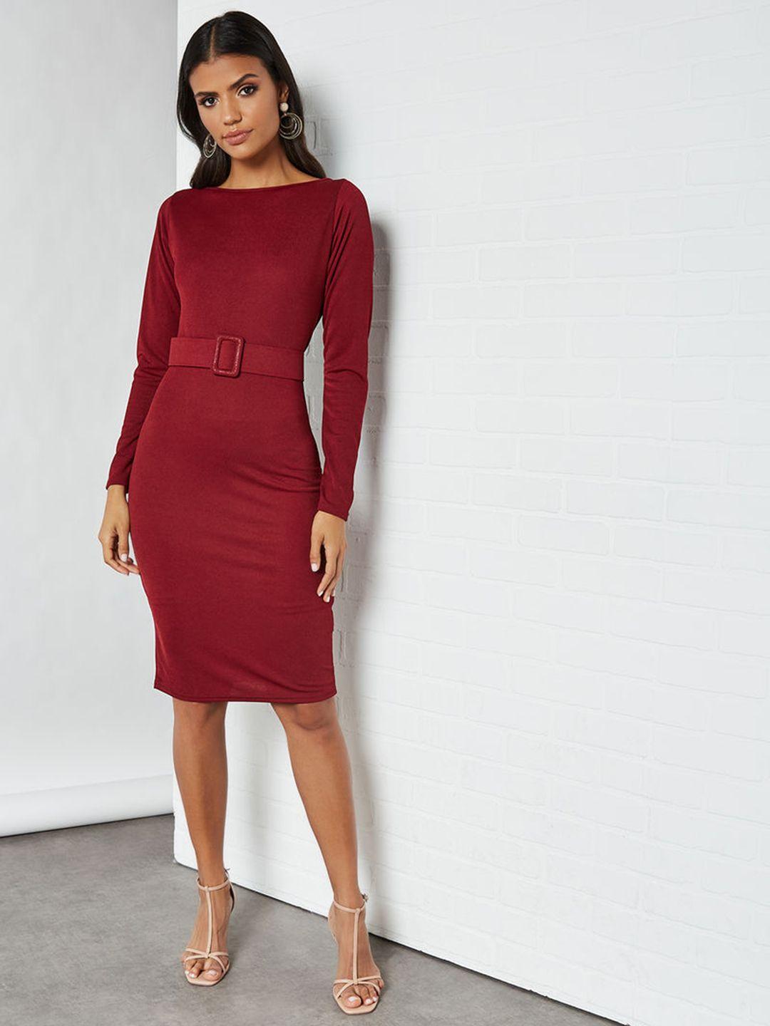 femme luxe maroon solid sheath knit dress