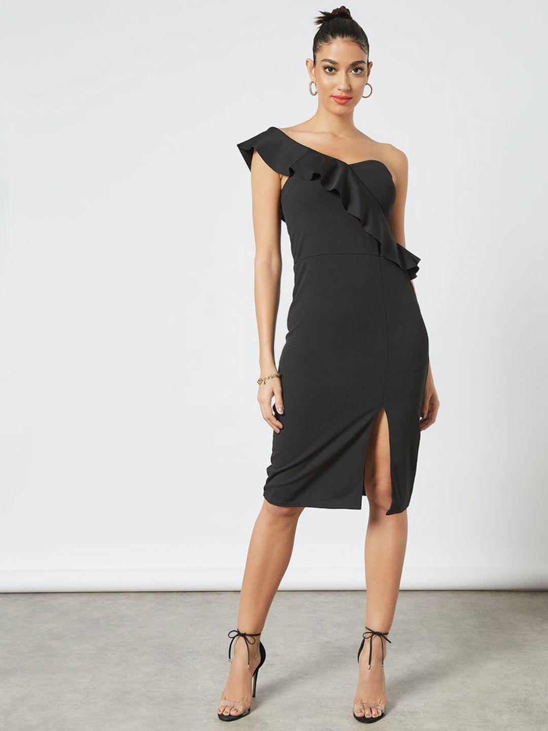 femme luxe women black solid one shoulder sheath midi dress