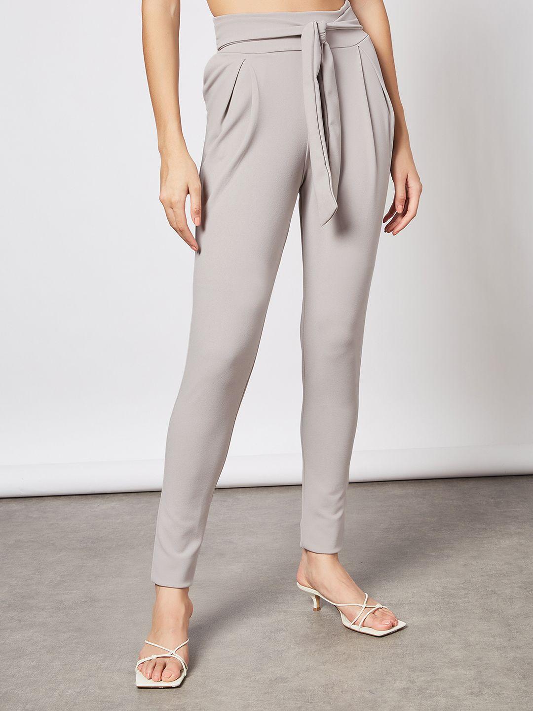 femme luxe women light grey solid pleated trousers