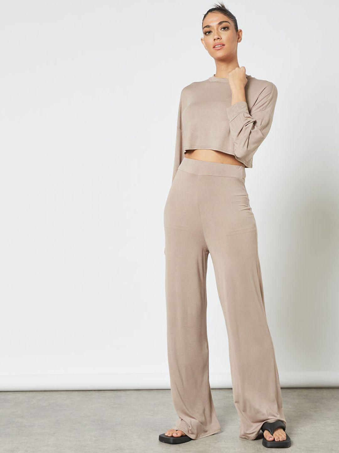 femme luxe women taupe solid co-ords set