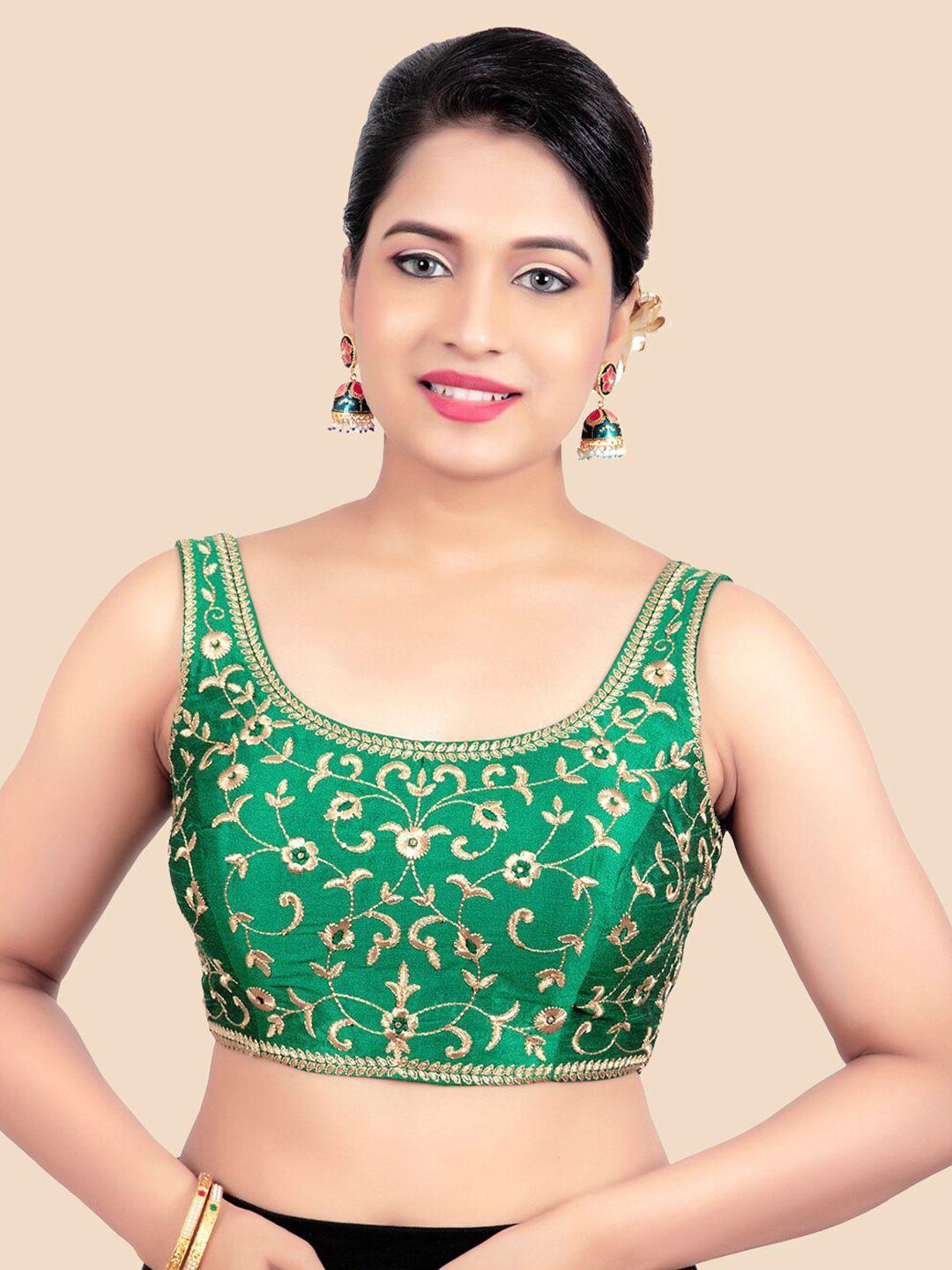 femmibella women green embroidred padded readymade saree blouse