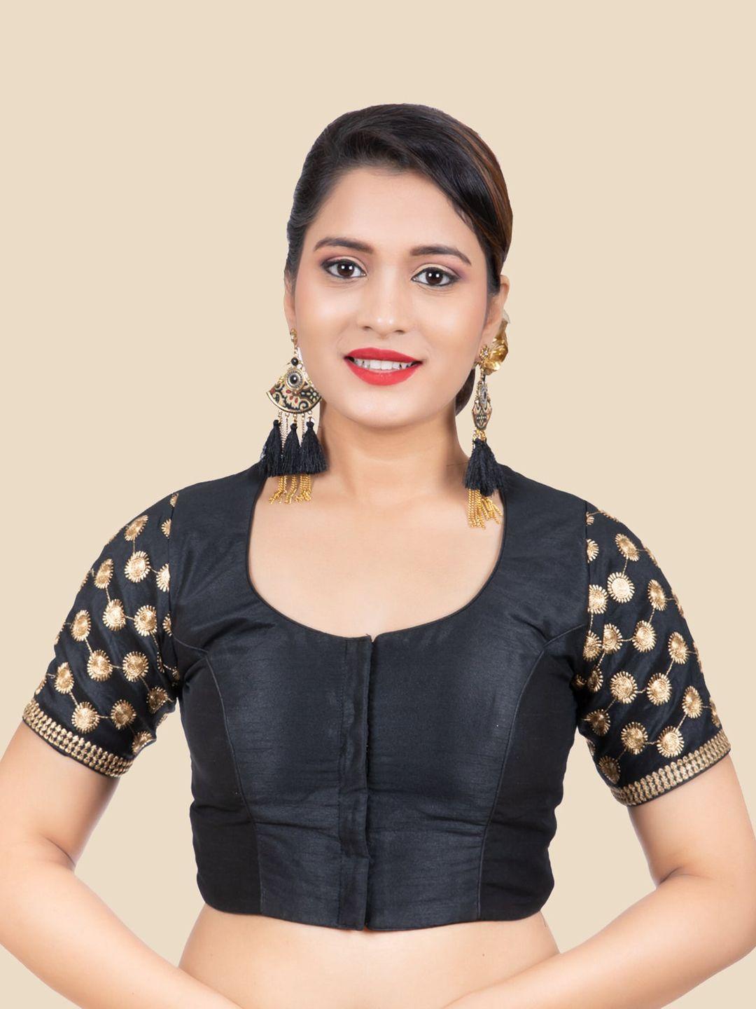 femmibella black & gold toned embroidered round neck silk saree blouse