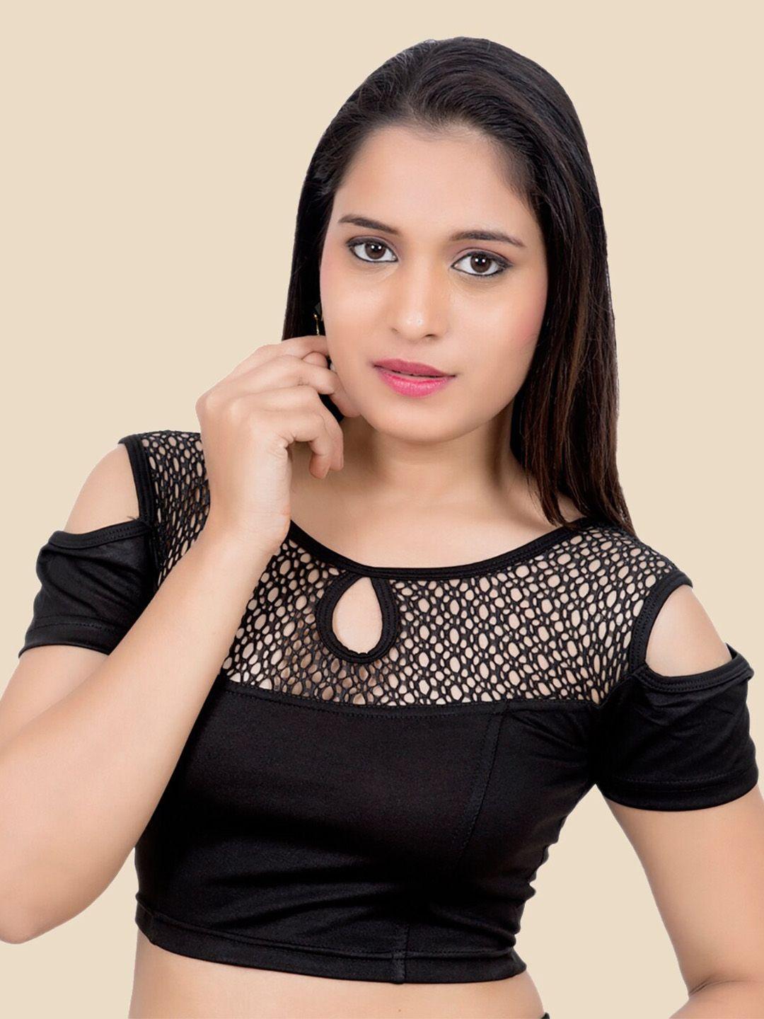 femmibella black solid stretchable princess cut saree blouse