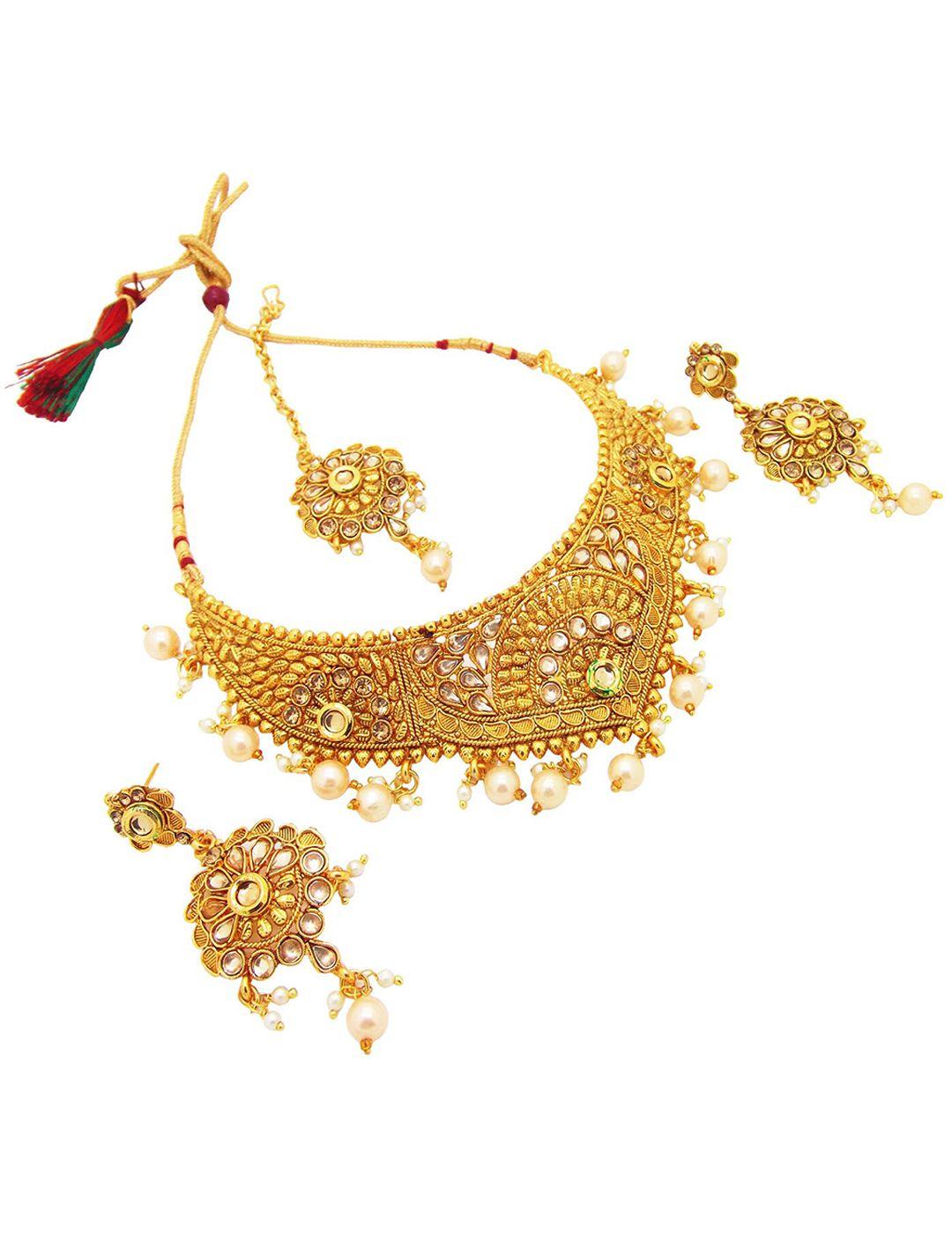 femmibella gold-plated & kundan stone-studded pearl beaded jewellery set