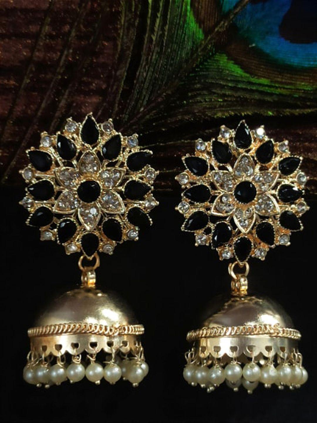 femmibella gold-plated floral stone studded & beaded jhumkas earrings