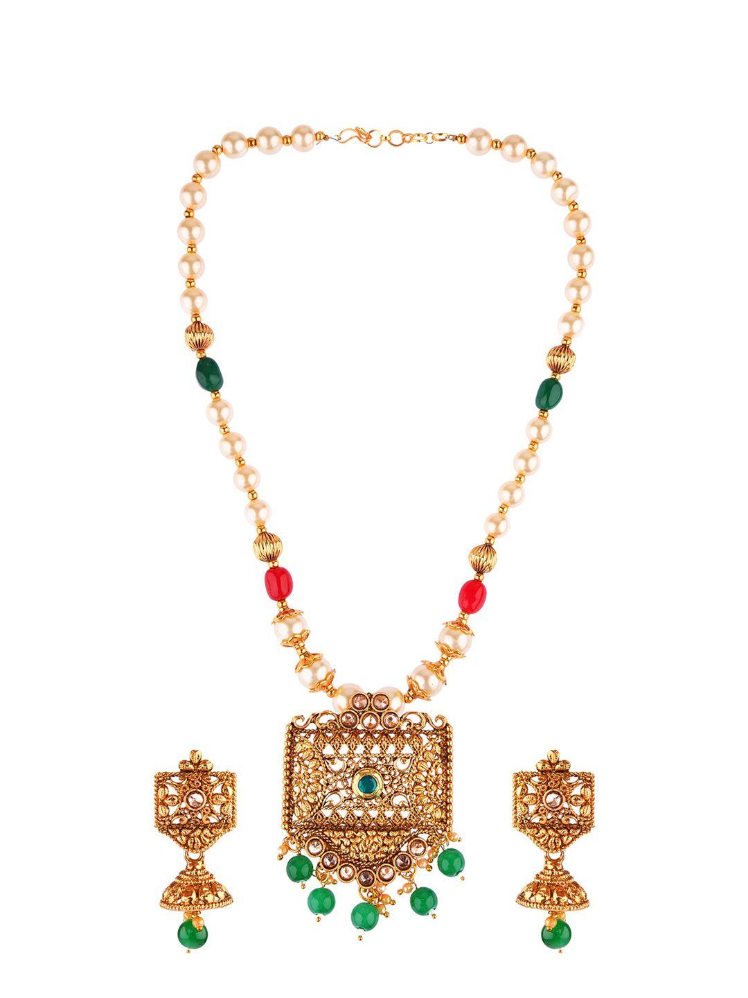 femmibella gold-plated green & white stone studded & beaded jewellery set