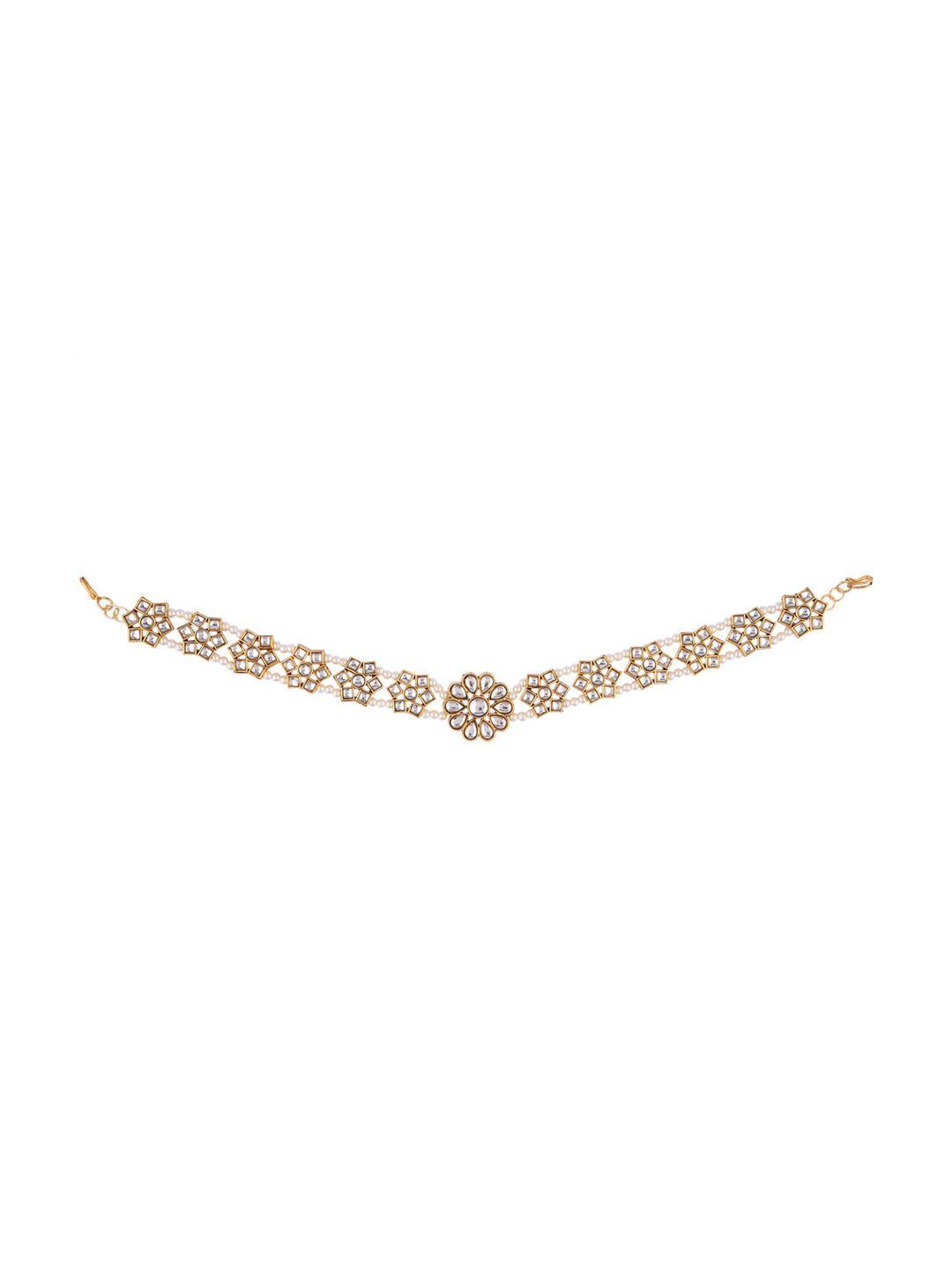 femmibella gold-plated pearls & kundan studded sheesphool mathapatti head jewellery