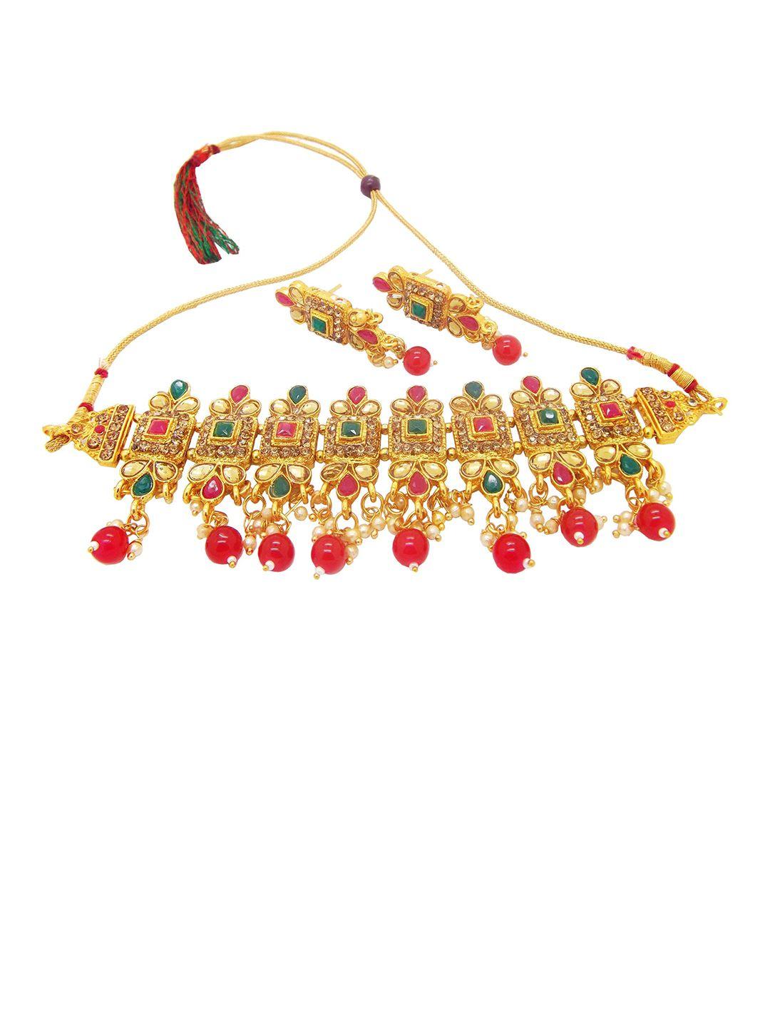 femmibella gold plated red & green cz studded & beaded handcrafted jewellery set