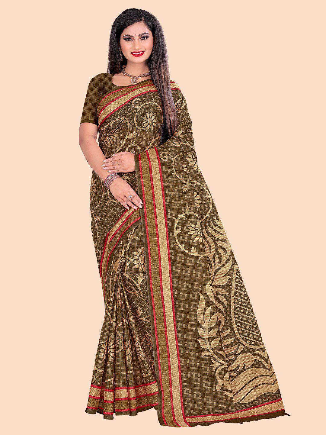 femmibella olive green & beige floral pure cotton saree with blouse piece