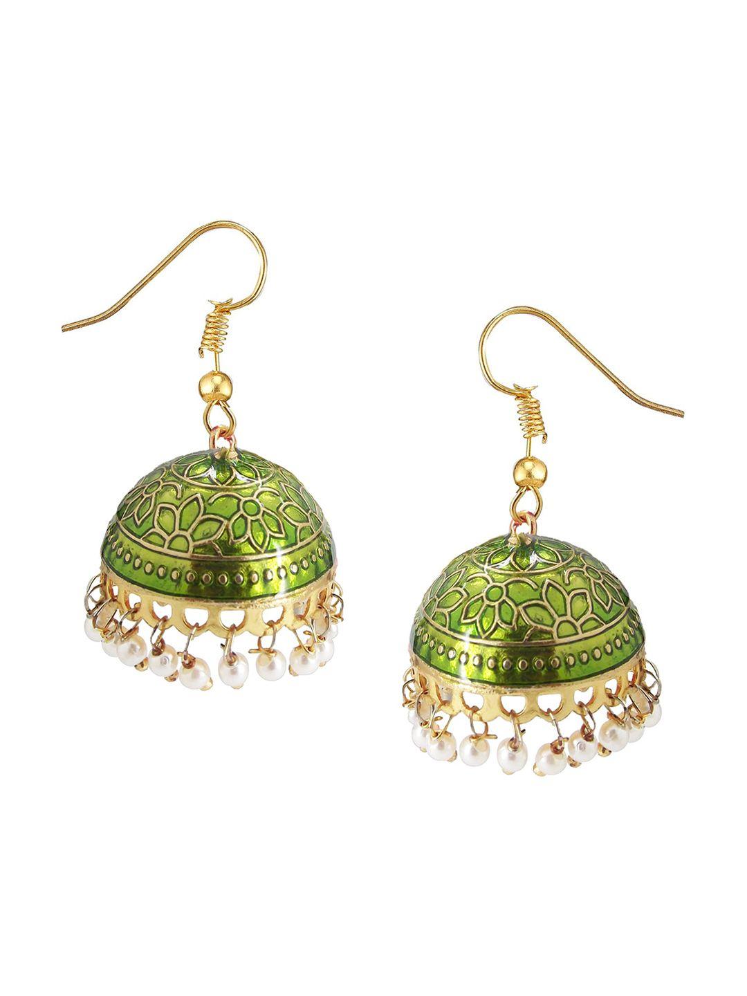 femmibella olive green & gold-plated dome shaped meenakari jhumkas earrings