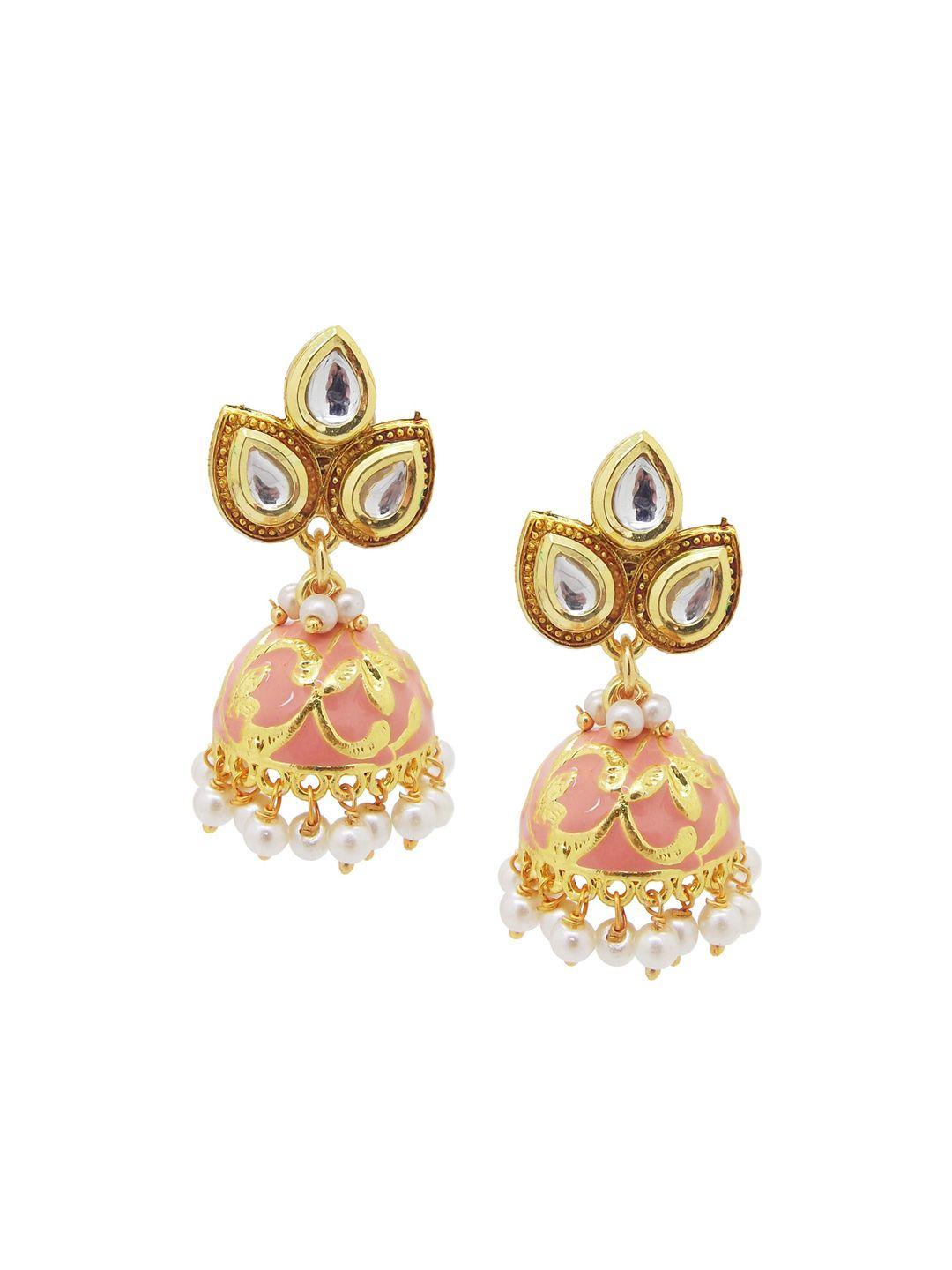 femmibella peach & gold-toned geometric jhumkas earrings