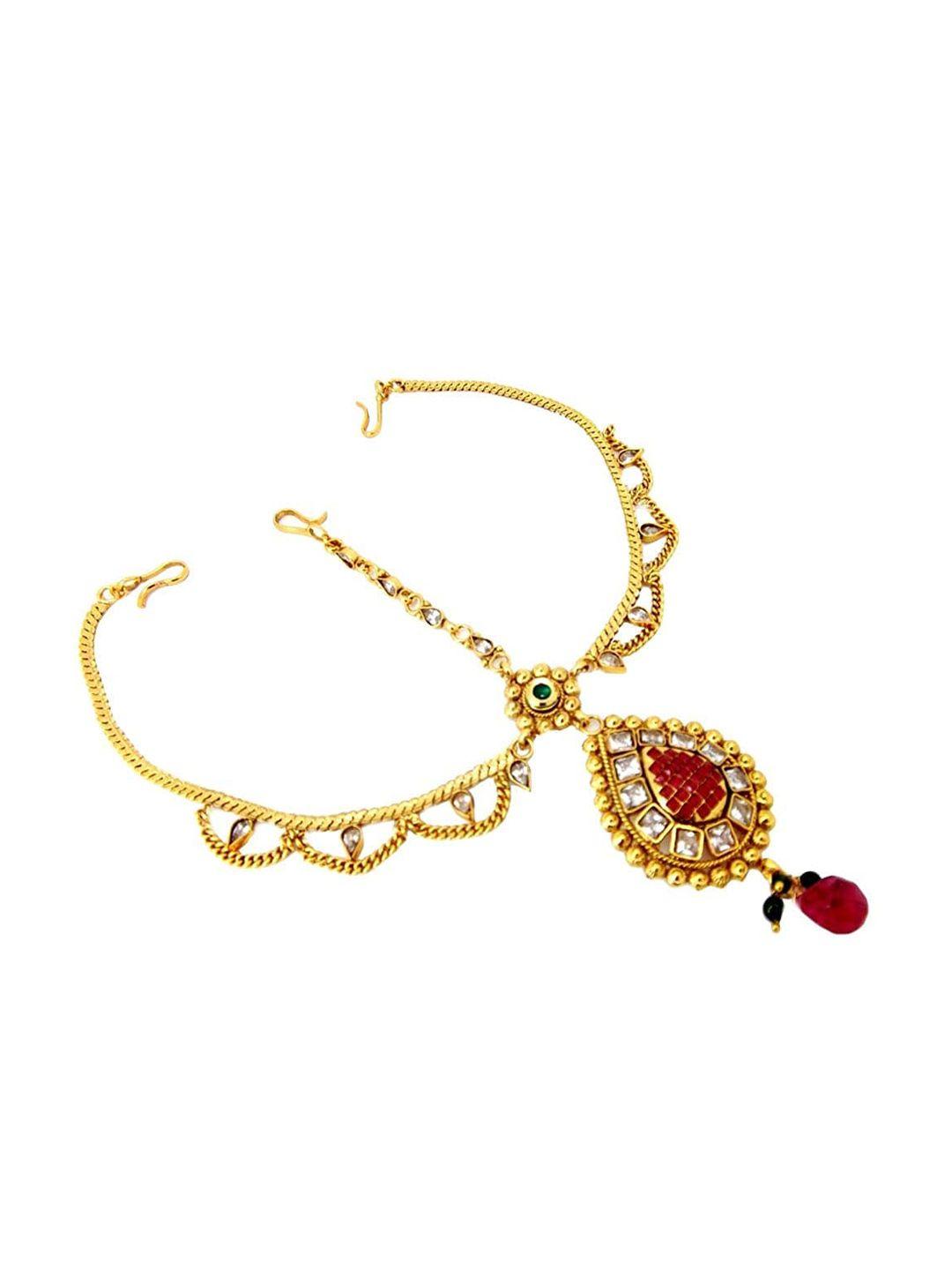 femmibella red & white gold-plated stone studded mathapatti
