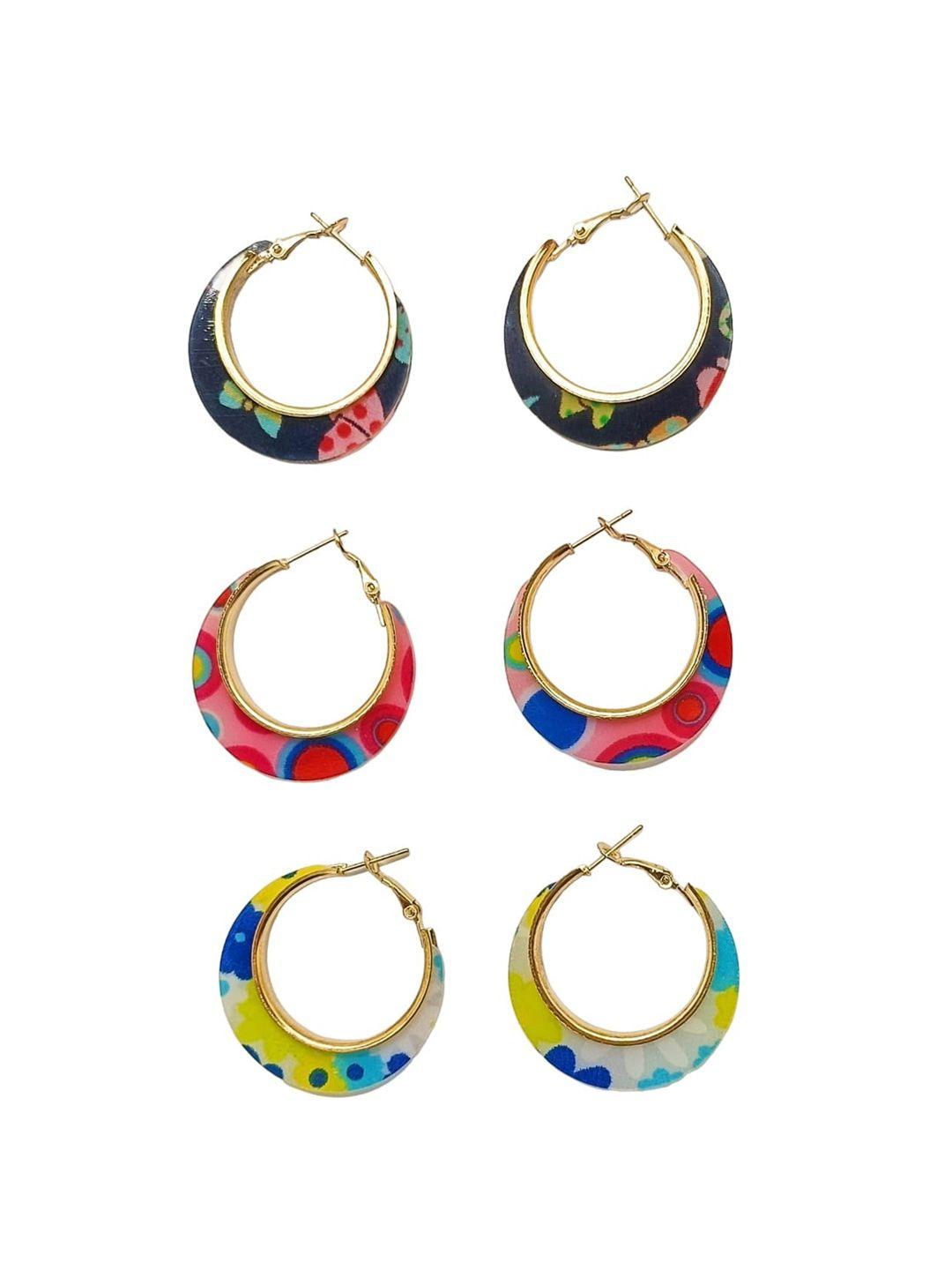 femmibella set of 3 gold-plated printed circular hoop earrings