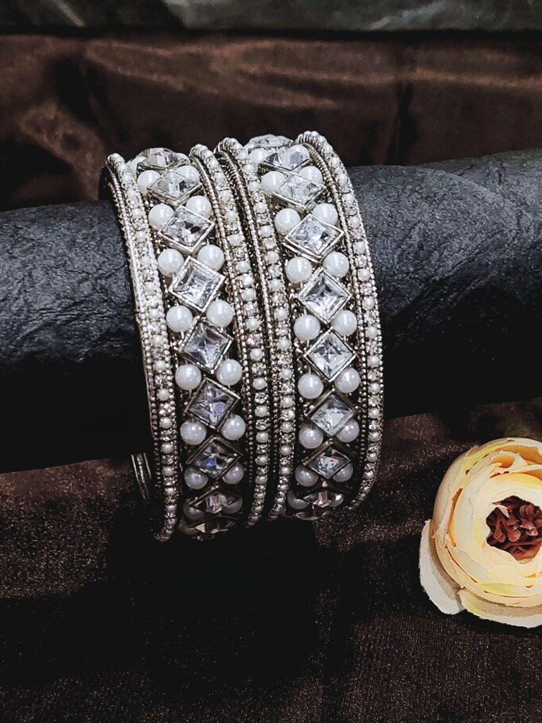 femmibella set of 6 silver-plated cz studded & beaded bangles