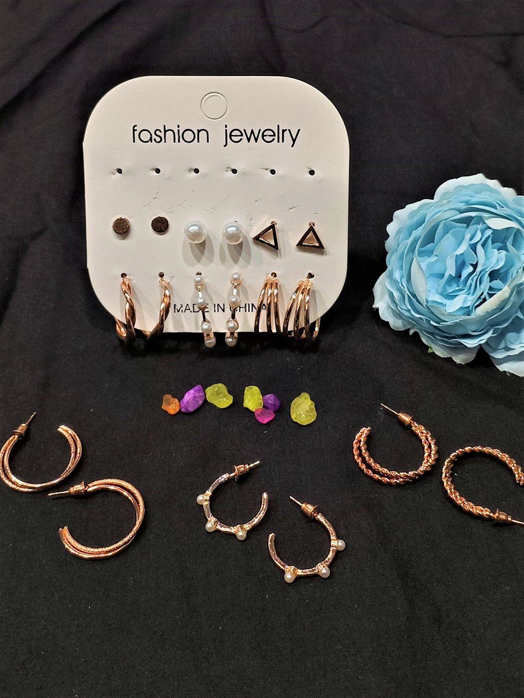 femmibella set of 9 rose gold-plated hoop & stud earrings