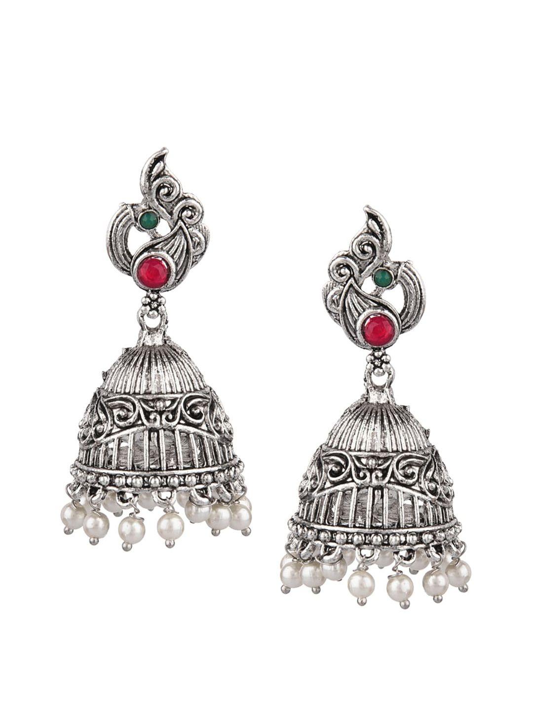 femmibella silver-toned geometric jhumkas earrings