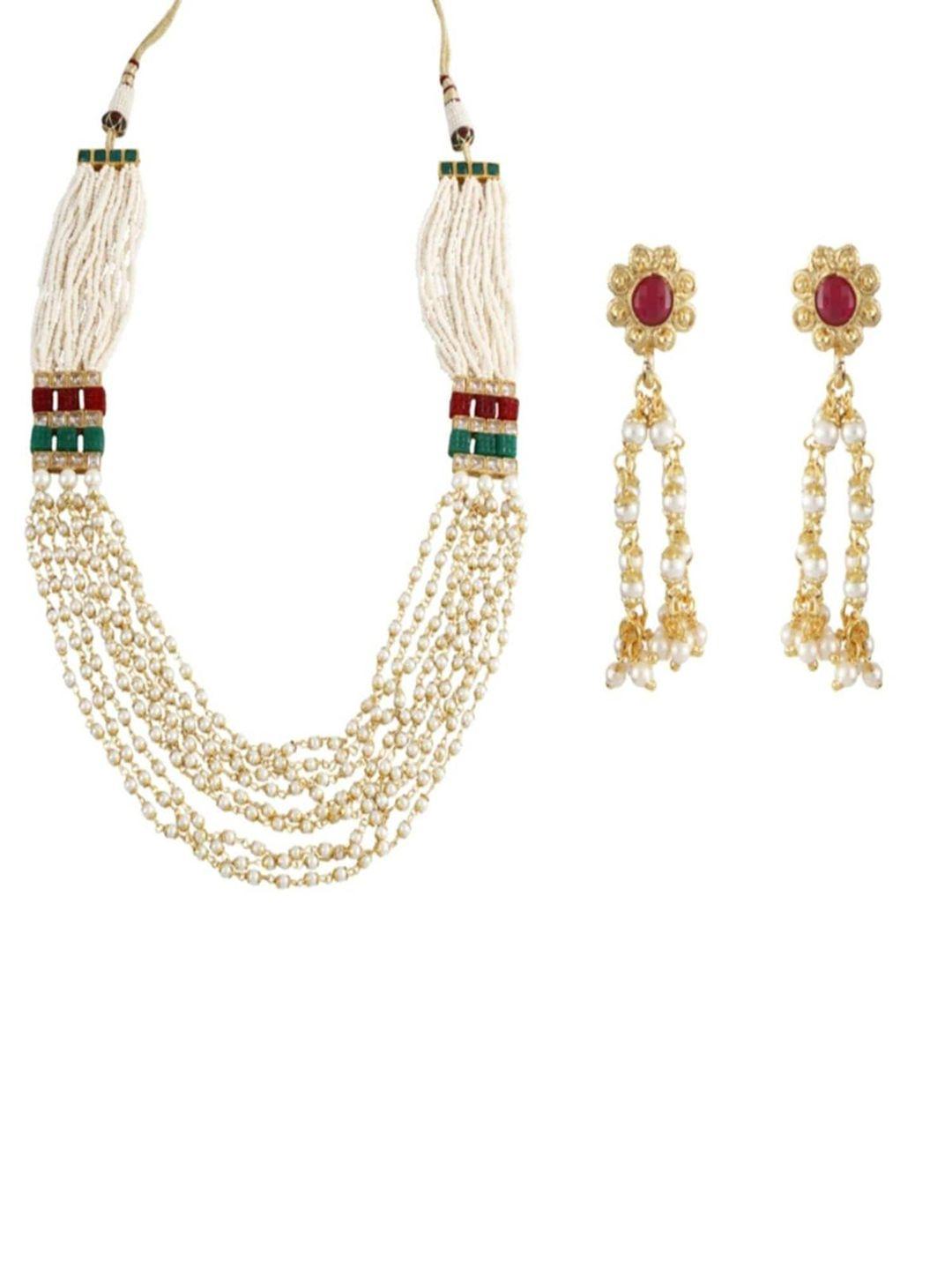 femmibella white & red gold-plated pearls-beaded jewellery set