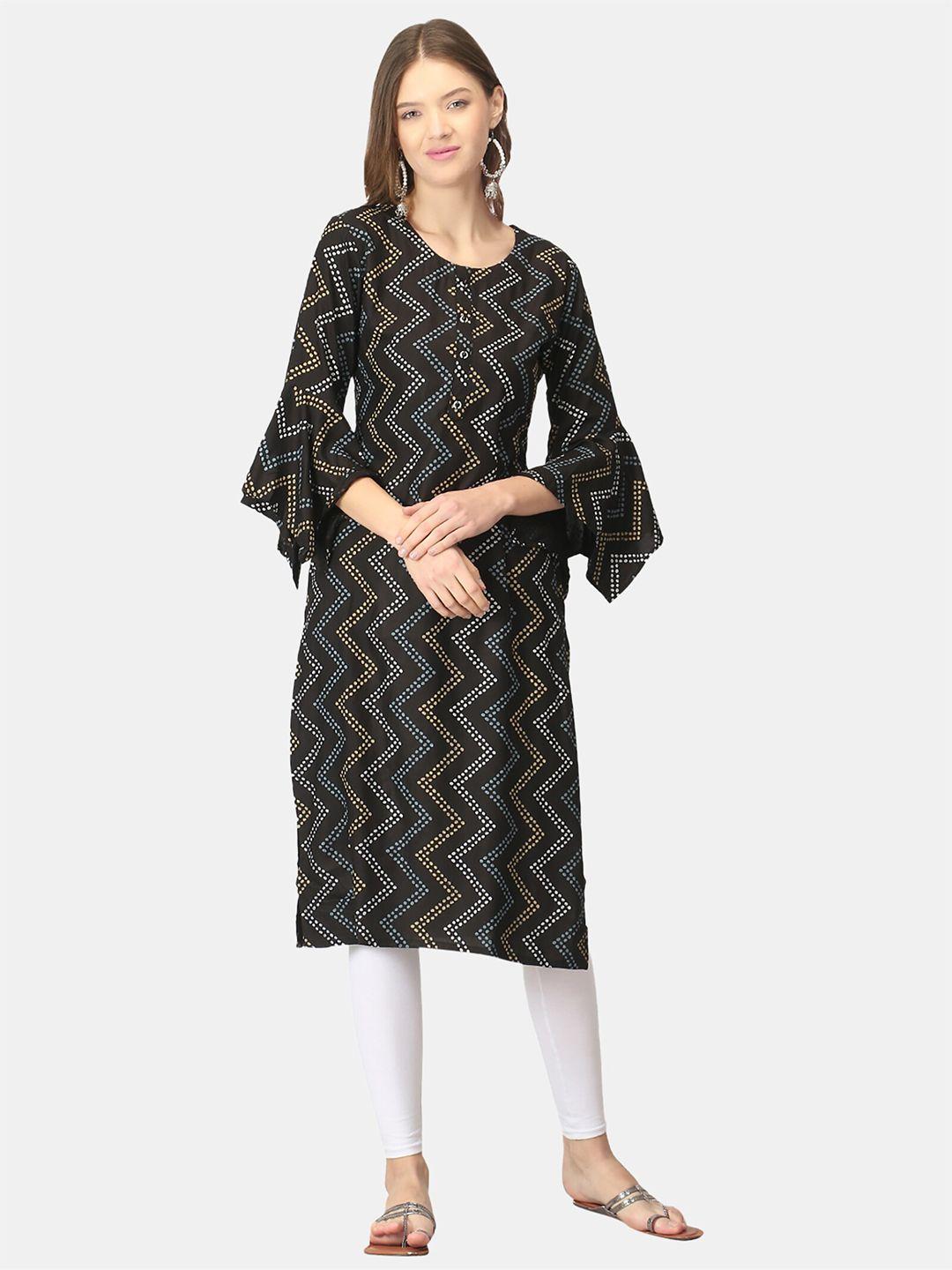 femmibella women black & white geometric printed flared sleeves kurta