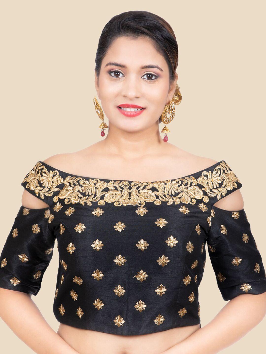 femmibella women black embroidered silk saree blouse