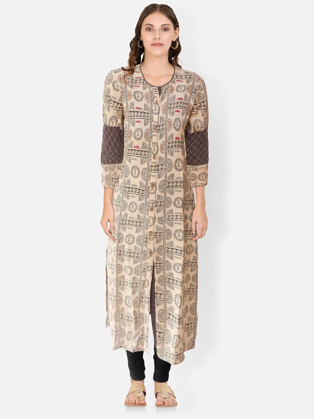 femmibella women cream-coloured ethnic motifs printed kurta