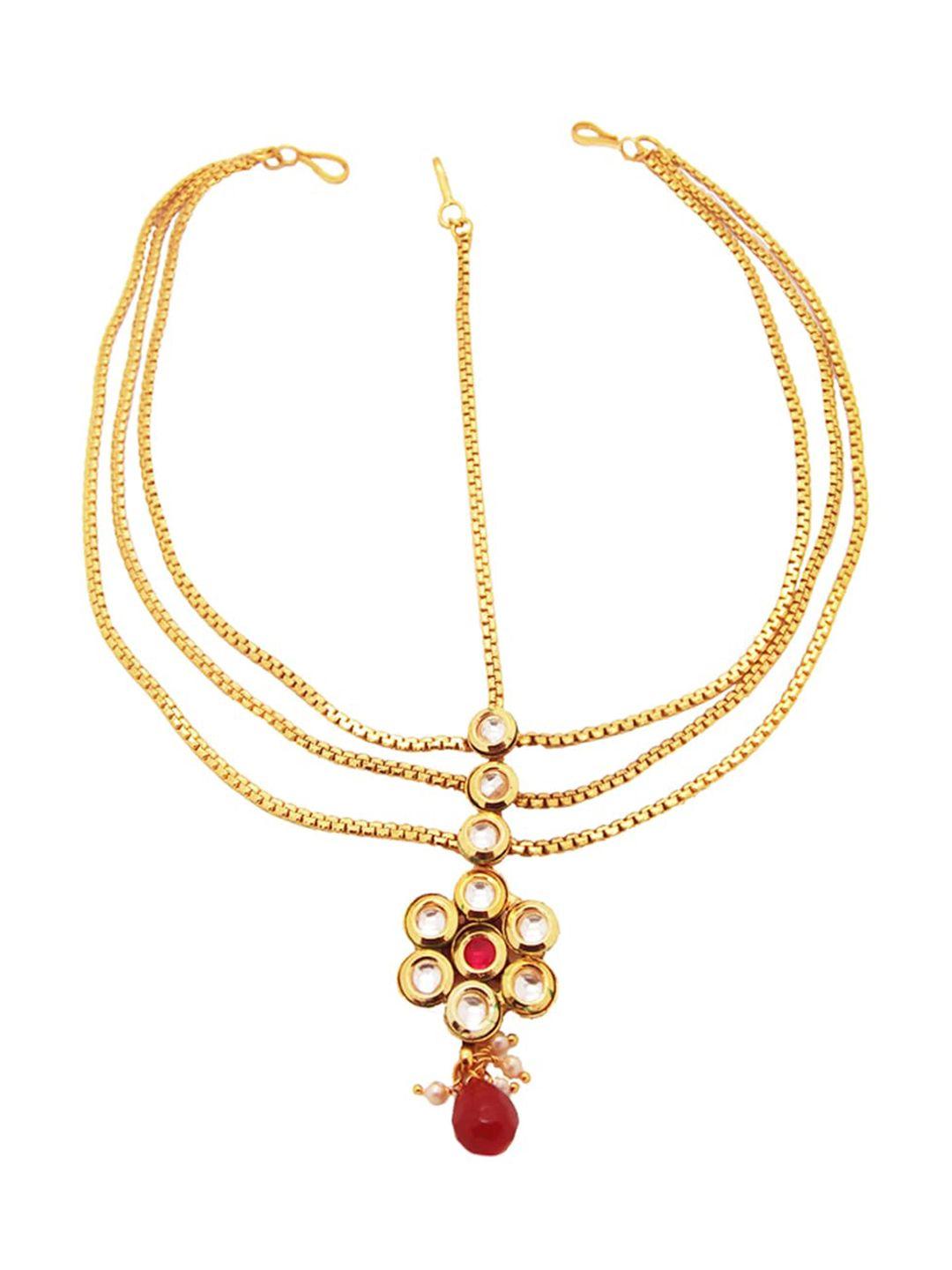 femmibella women gold head gold-plated & red kundan-studded & pearls beaded mathapatti