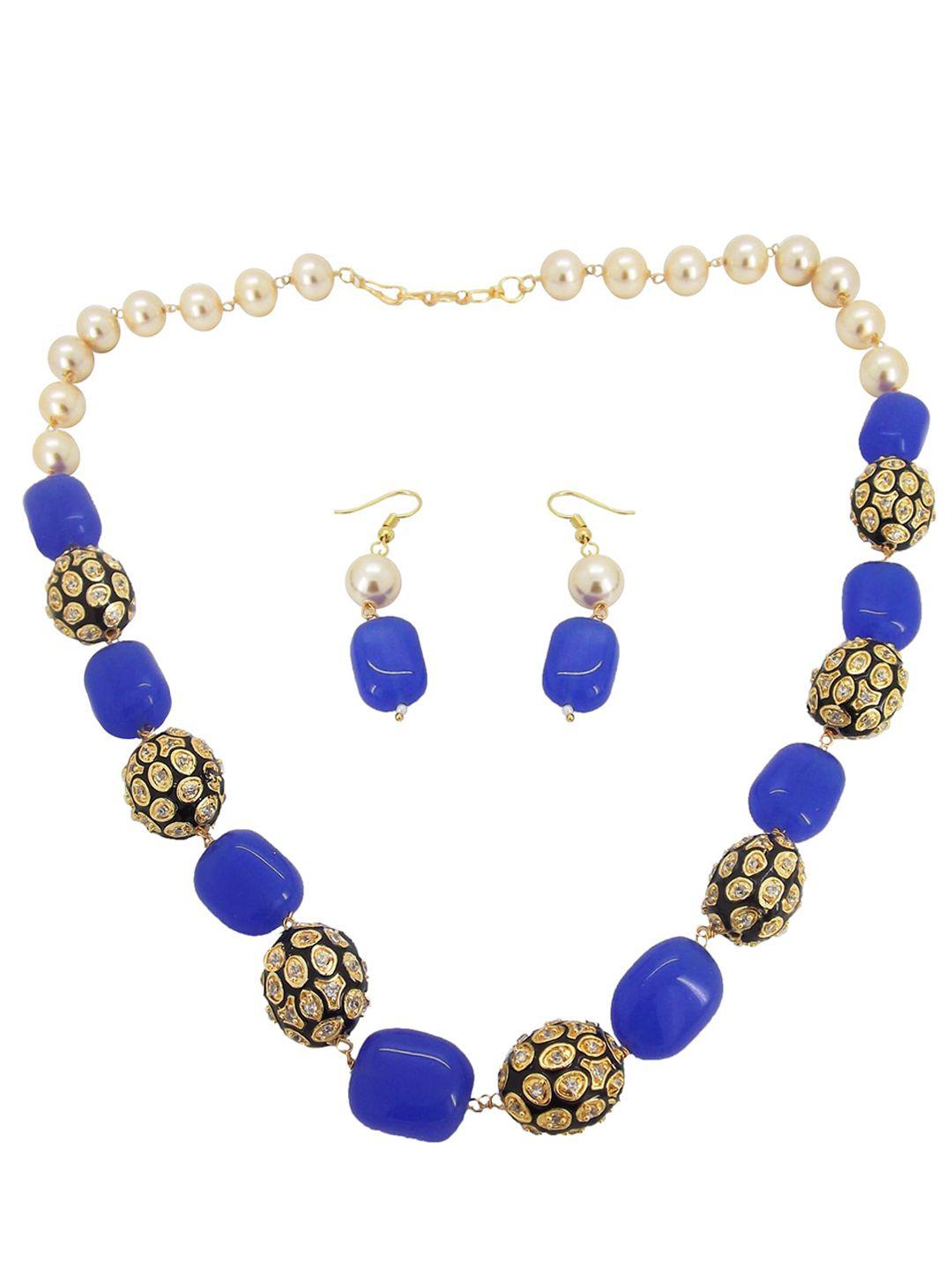 femmibella women gold-toned & blue stone studded & beaded jewellery set