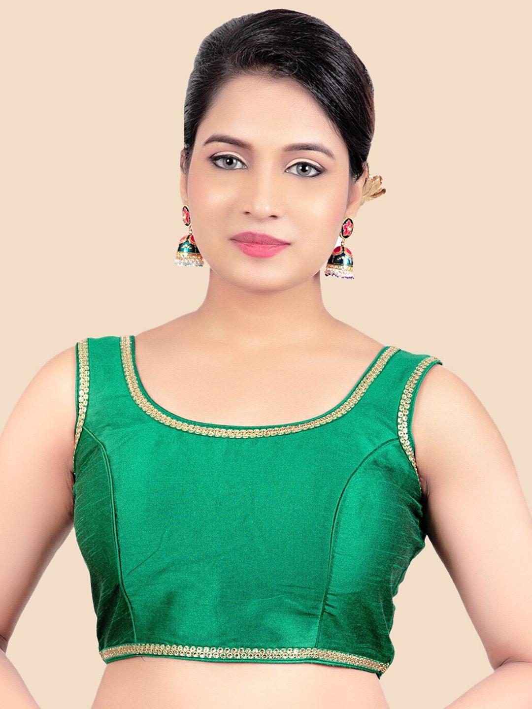femmibella women green solid sleeveless saree blouse