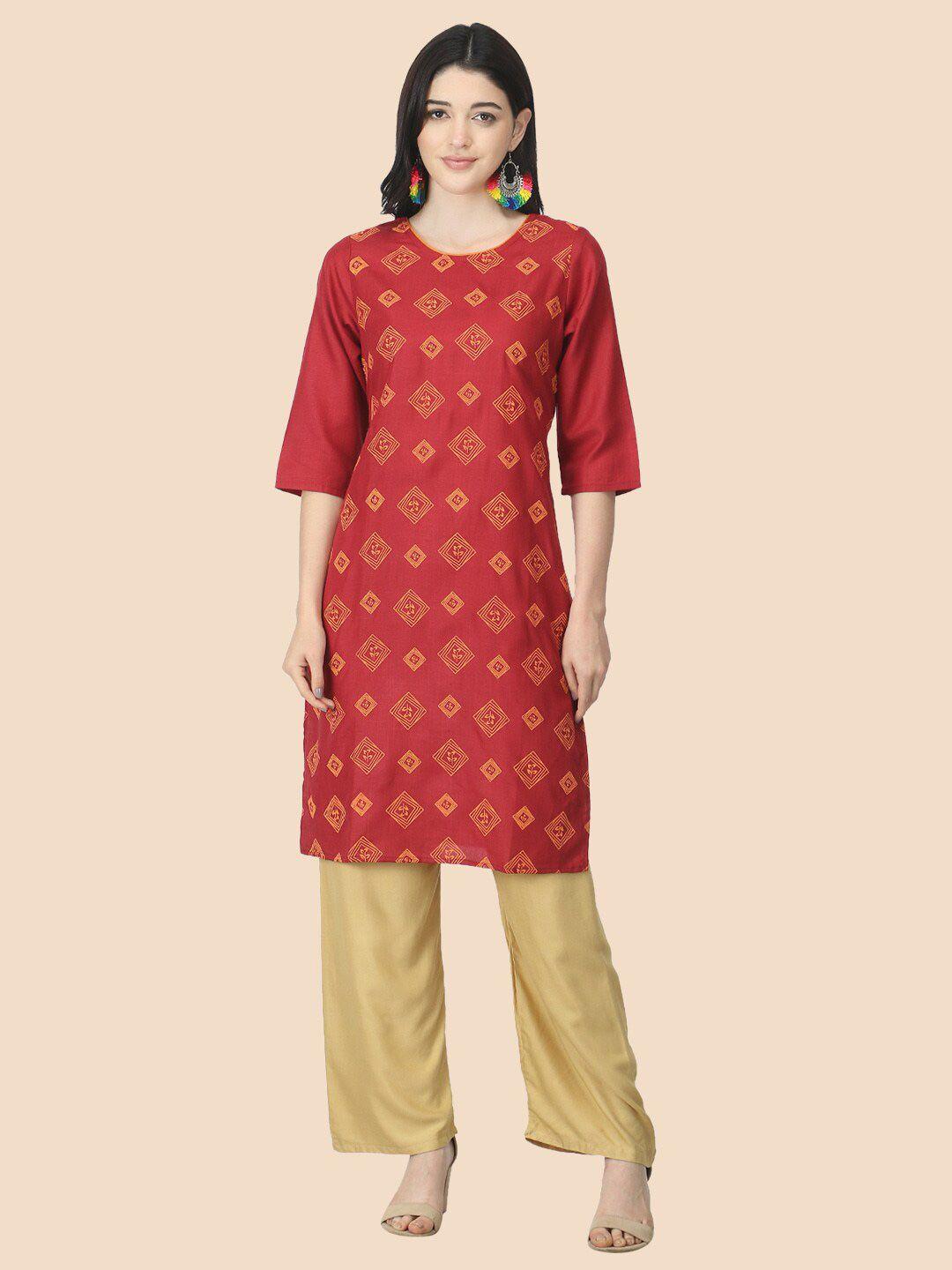 femmibella women maroon & orange geometric printed kurta