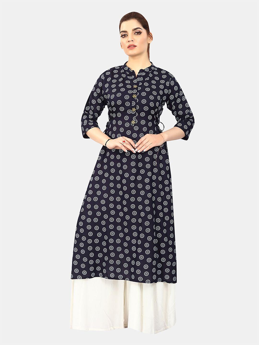 femmibella women navy blue & white ethnic motifs printed cotton a-line kurta