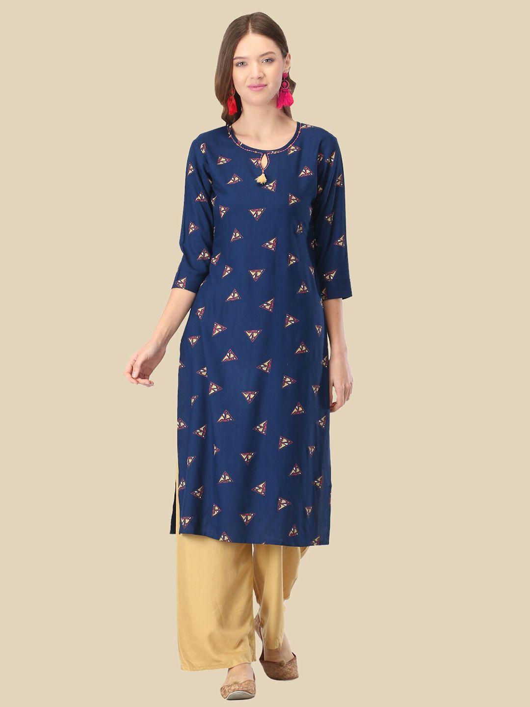 femmibella women navy blue geometric printed kurta