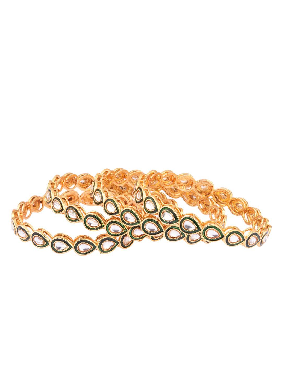 femmibella women set of 4 gold-plated green kundan-studded meenakari bangles