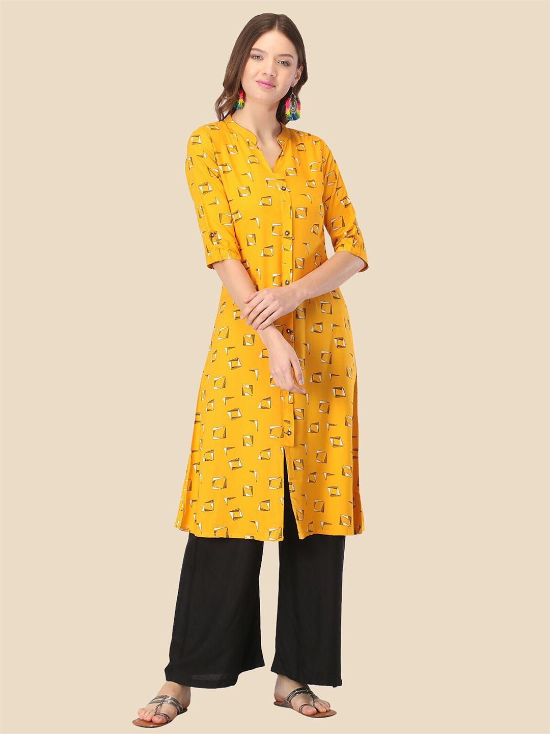femmibella women yellow geometric printed cotton kurta