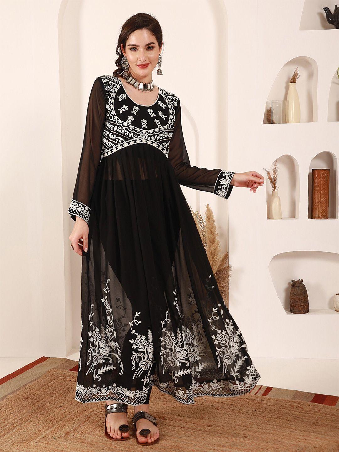 femvy black ethnic motifs embroidered georgette maxi dress