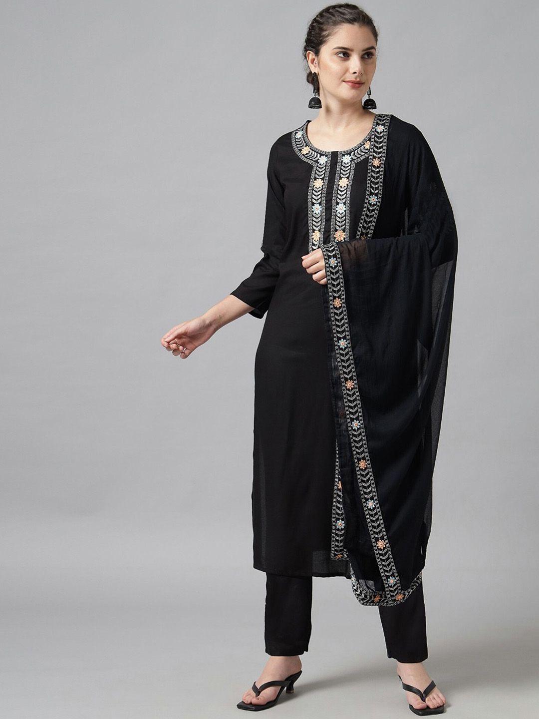 femvy floral embroidered thread work kurta with trousers & dupatta