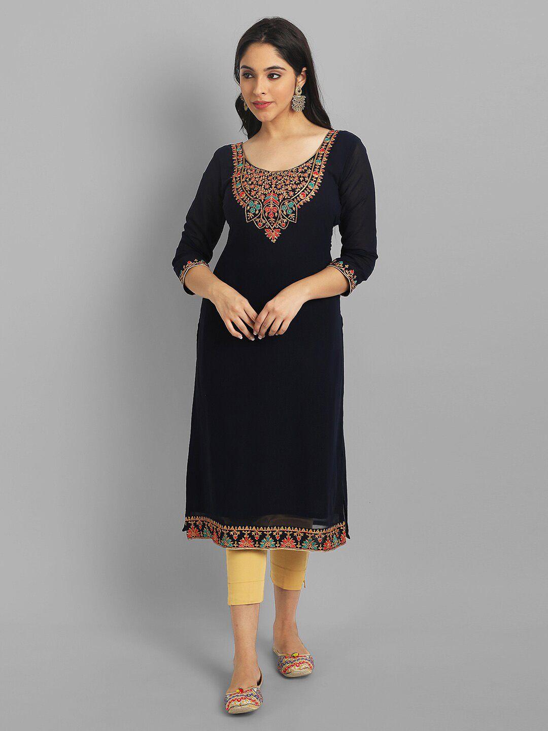 femvy floral yoke design thread work georgette kurta