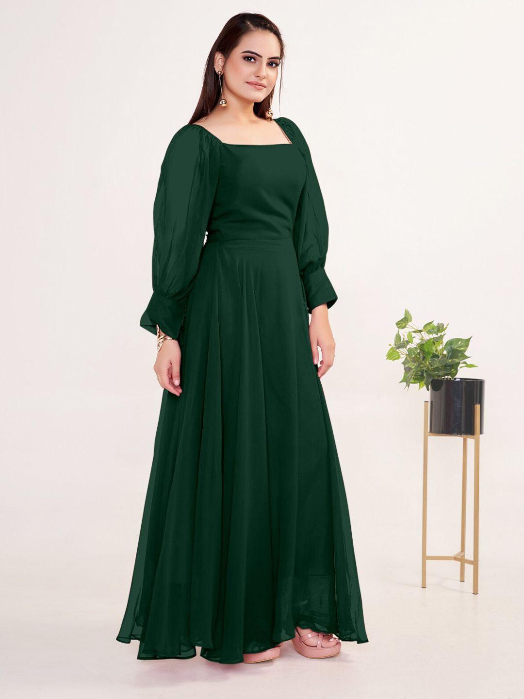 femvy green puff sleeve applique georgette maxi dress