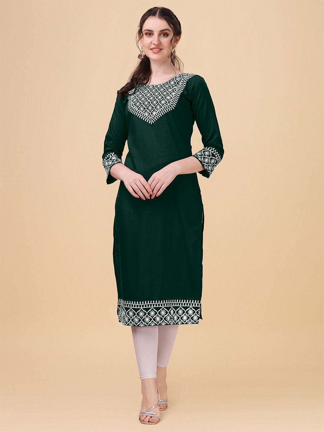 femvy green yoke &  floral motifs embroidered thread work kurta