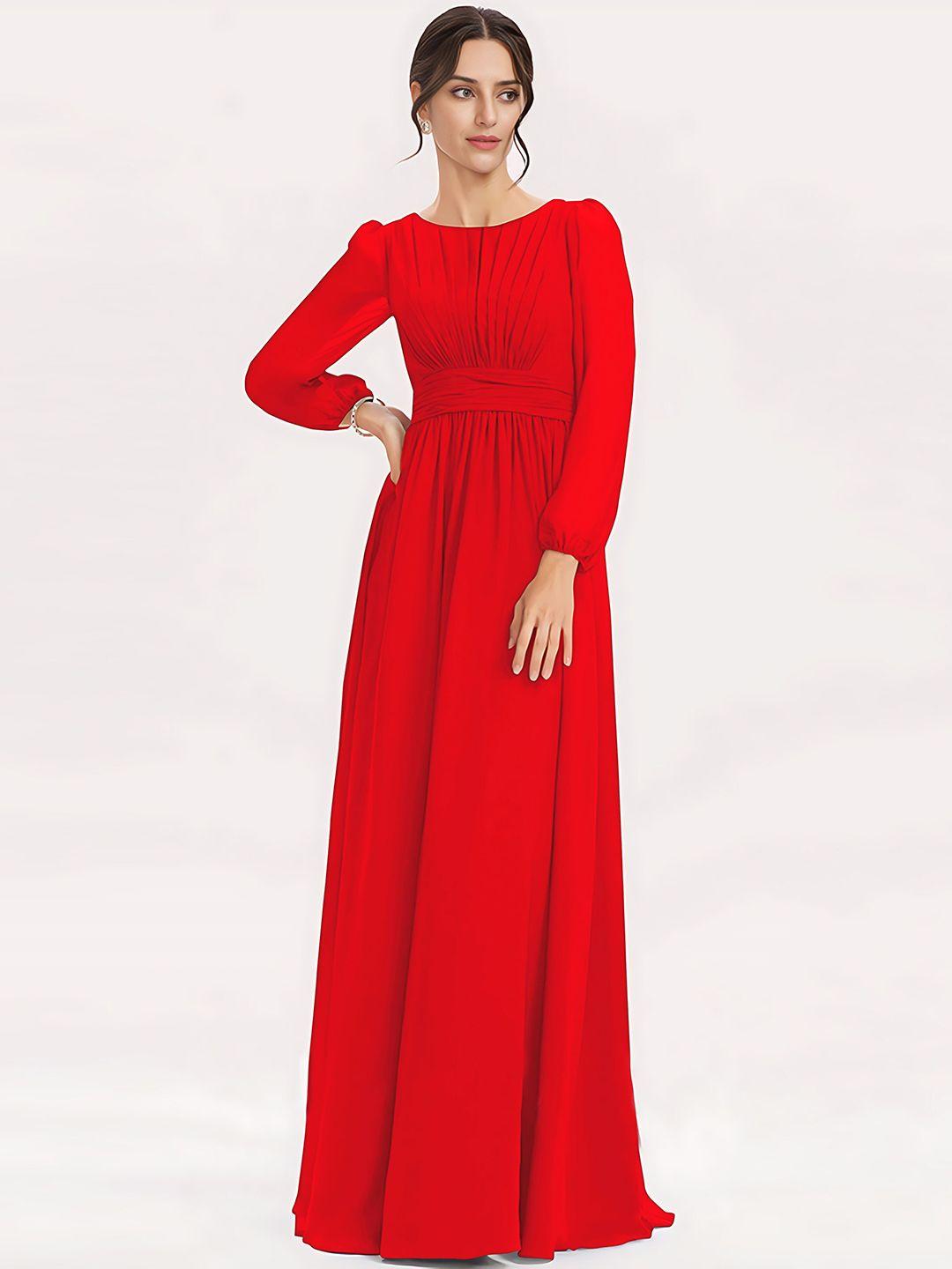 femvy pleated boat neck puff sleeves georgette maxi dress