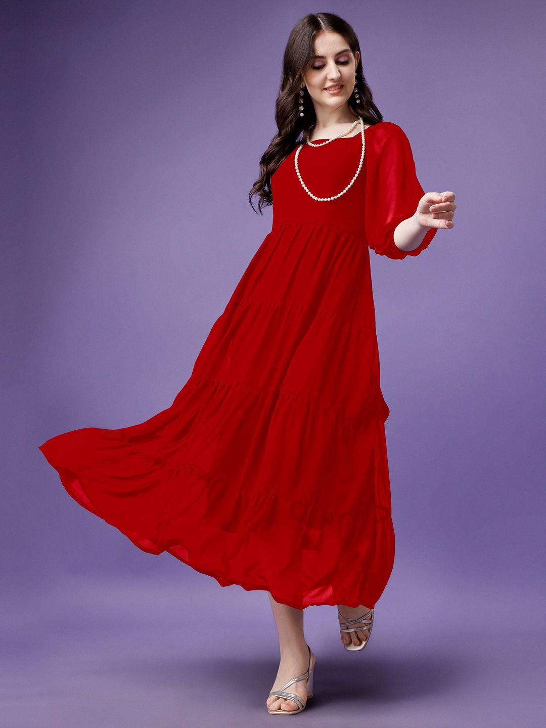 femvy puffed sleeves fit & flare midi dress