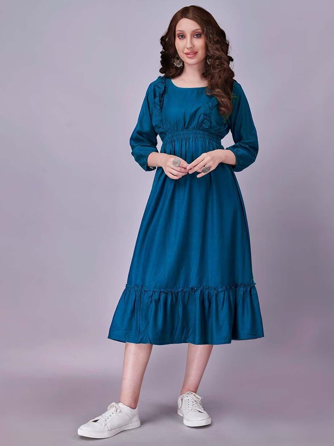 femvy round neck long puff sleeves fit & flare cotton tiered dress