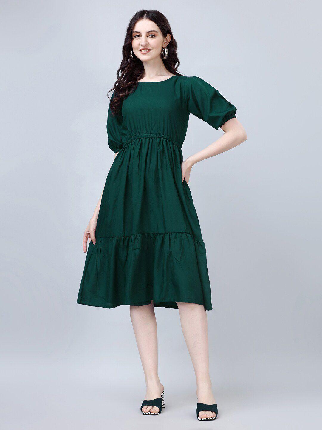 femvy round neck puff sleeves gathered fit & flare dress