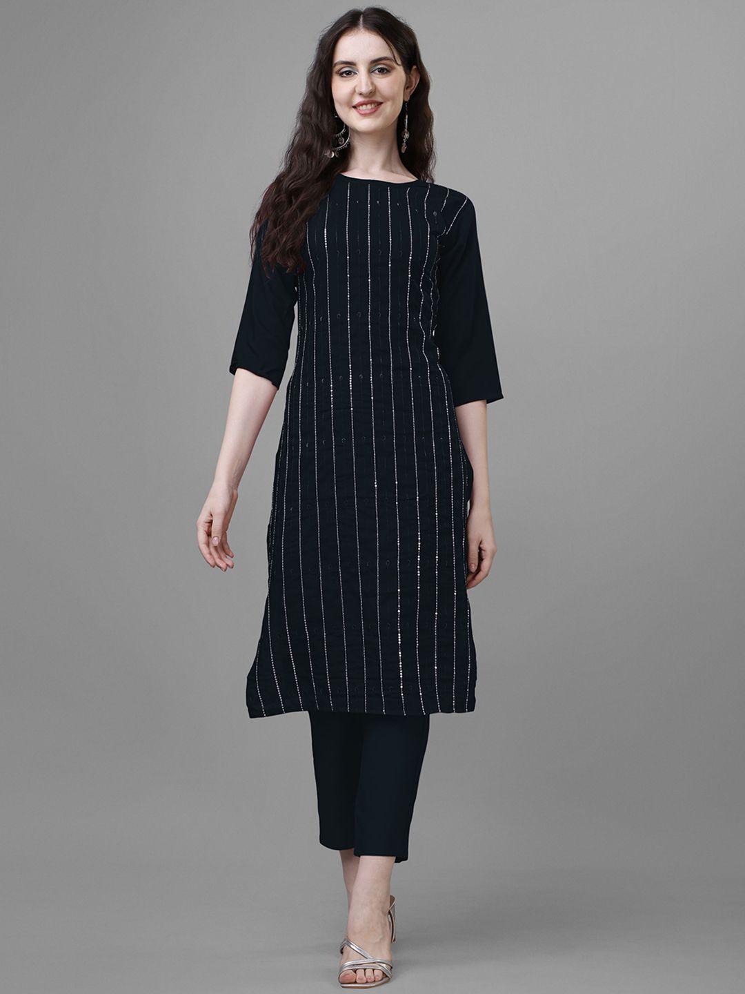femvy striped embroidered & sequined straight kurta with trousers