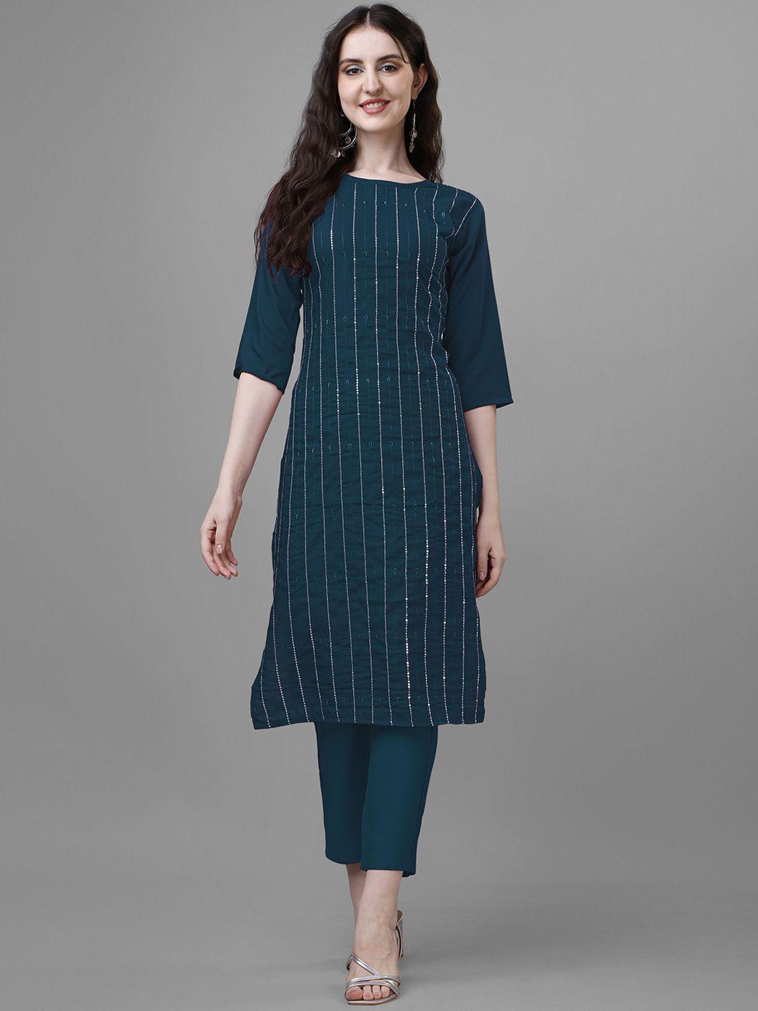 femvy striped embroidered regular sequinned kurta with trousers