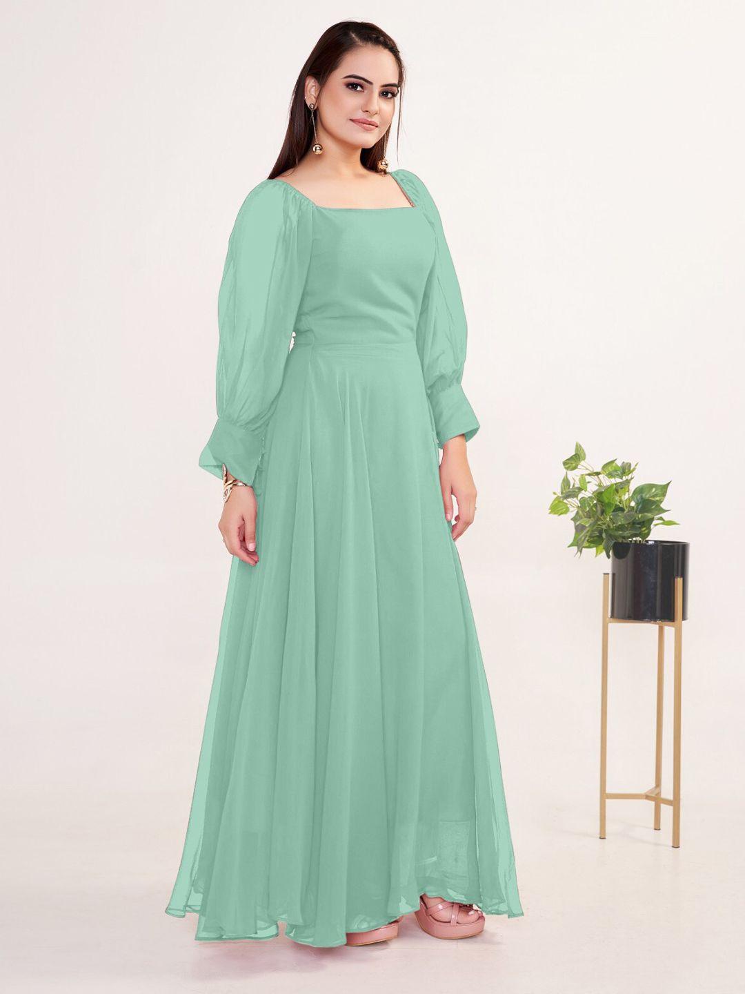 femvy teal puff sleeve applique georgette maxi dress