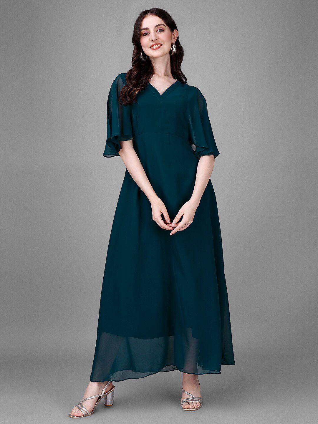 femvy v-neck flared sleeve gathered georgette maxi dress