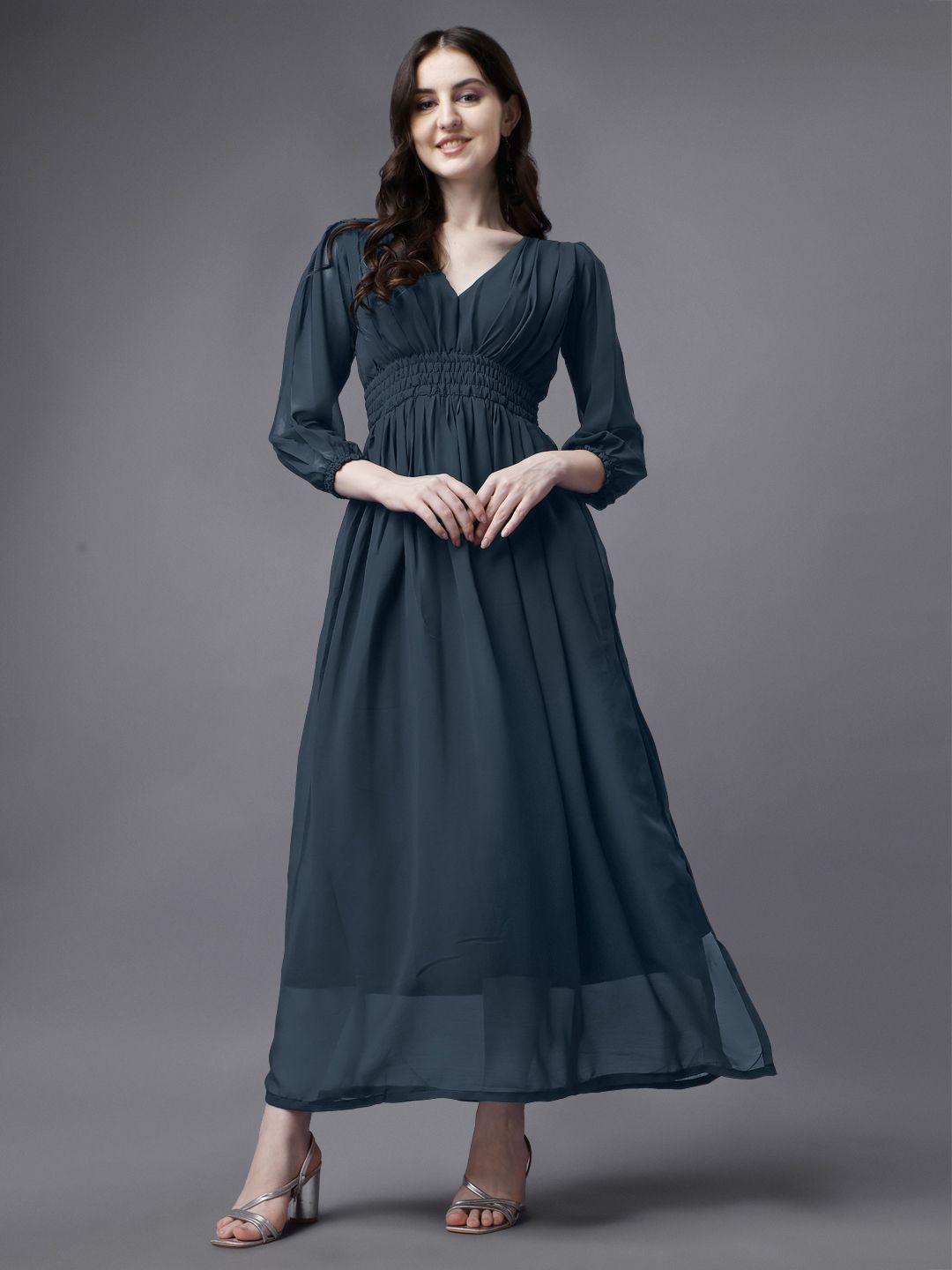 femvy v-neck puff sleeves smocked georgette maxi dress